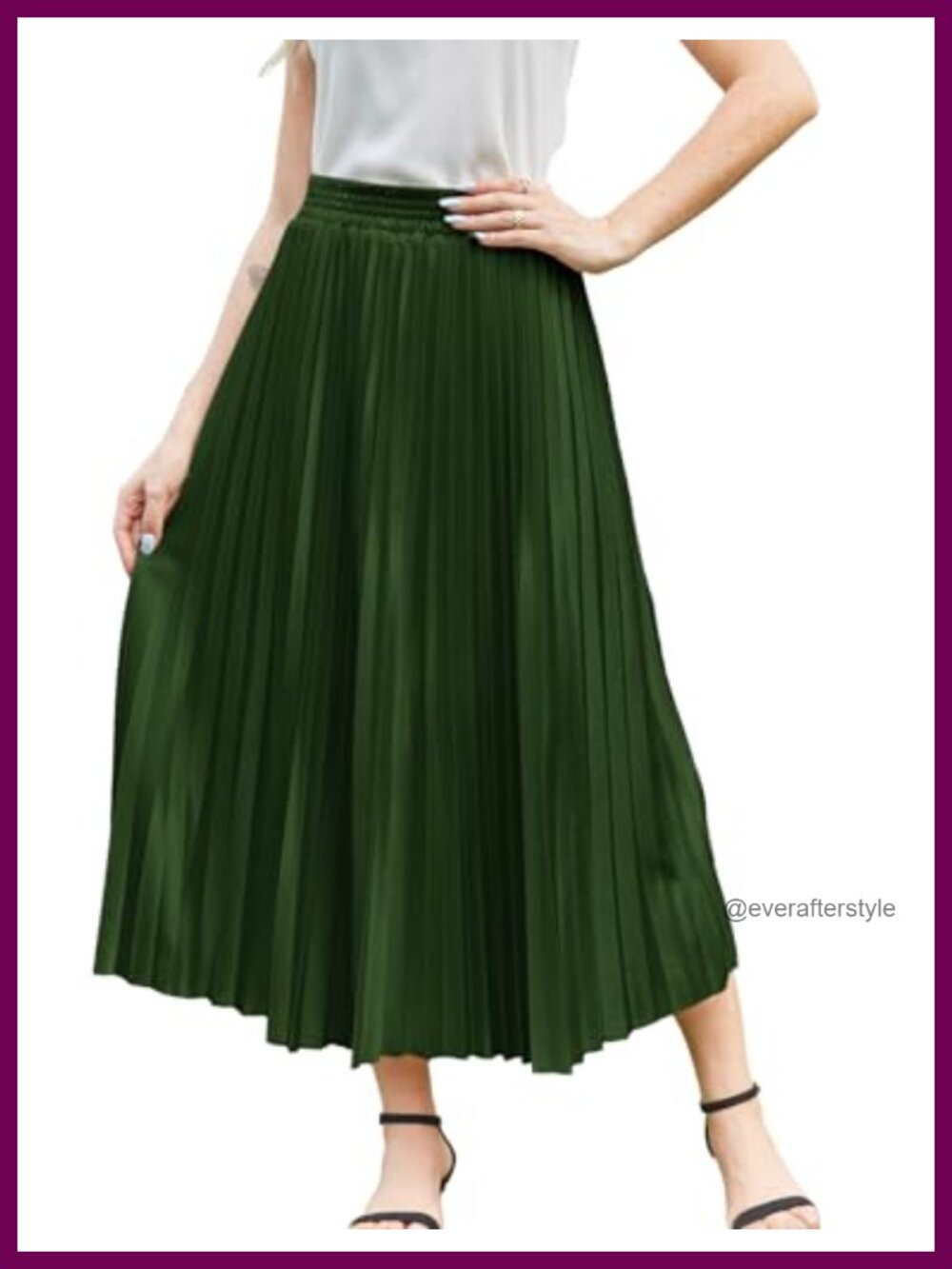 High Waist Pleated Midi Skirt A-Line Flowy Elastic